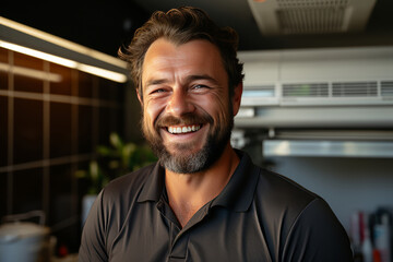 Obraz premium Attractive tanned man with bright smile posing in air-conditioned indoor setting