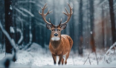 Naklejka na ściany i meble Beautiful deer in winter standing in the forest