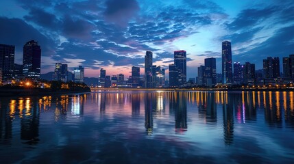 An elegant evening city skyline, lights reflecting on a calm river, skyscrapers silhouetted against a twilight sky, capturing urban beauty. Resplendent.