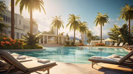 Obraz premium Crystal clear pool, modern sun loungers and lush palm trees under a bright blue sky. Generative AI.