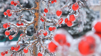 A scattering of red berries in ice on a branch with icicles. Close-up