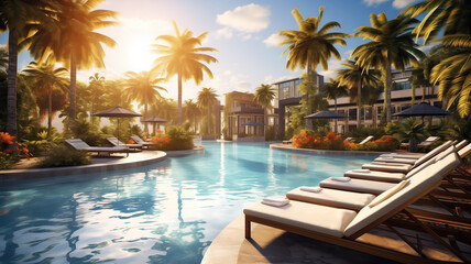 Fototapeta na wymiar Crystal clear pool, modern sun loungers and lush palm trees under a bright blue sky. Generative AI.
