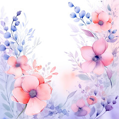 A pattern of multi-colored flowers on a blue background in a watercolor style in pastel colors. AI generated.