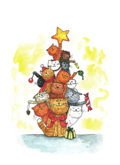 Festive happy cat Christmas tree silhouette. Funny greeting card for pet lovers. Colourful watercolor hand-drawn illustration for invitation. Stack of cartoon cats celebrating xmas, new year holiday,