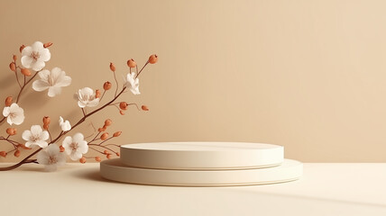 Empty white product display with sacura branch on a beige background in pastel shades. Generated AI.