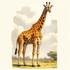 Majestic Standing Giraffe in a Serene Savannah Illustration