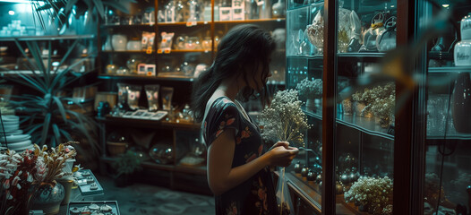 Fototapeta premium Exploring Elegance: A Woman's Quest in a Boutique