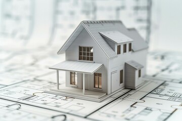 house 3d model on a blue print, architecture floorplan