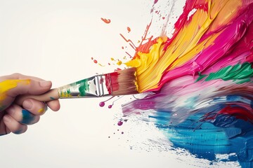 Obraz premium hand with paint brush on white wall