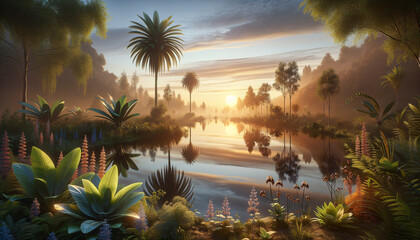 Serene landscape with synthetic biology elements and reflective pond.