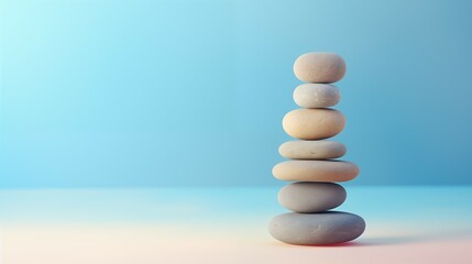 Obraz premium Zen Stone Stack on a Serene Blue Gradient Background. Balance and Harmony Concept. Stones symbolising peace and calm energy.