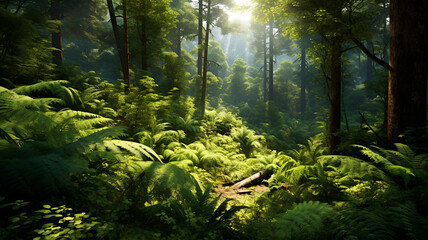 "Tranquil Paradise: Captivating Forest Landscape with Lush Foliage and Sunlit Canopy"