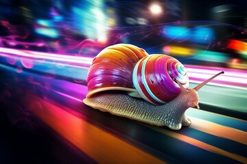 Colorful snail speeding with light trails. Generative AI