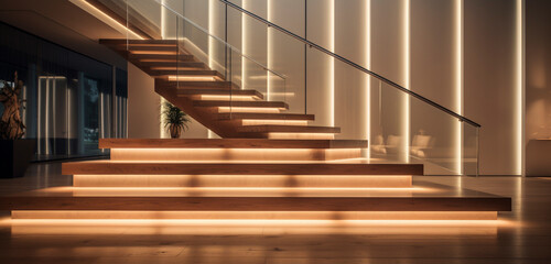 Grand wooden stairs with hidden lighting underneath, creating a floating effect in a spacious foyer.