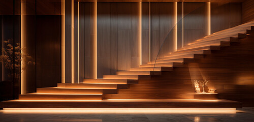 Grand wooden stairs with hidden lighting underneath, creating a floating effect in a spacious foyer.