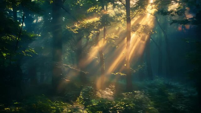 Mysterious forest with sunbeams and rays of light.