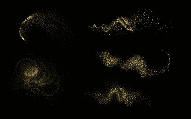 Glittering stars with golden shimmering swirls, shiny glitter design. Magical motion, sparkling lines on a black background.