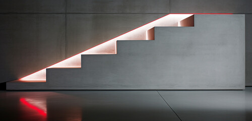 Minimalist concrete stairs with sleek LED strip lighting underneath, highlighting the stairs' sharp angles.