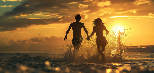 Silhouette of couple having fun in summer beach by running through sea or ocean waves and water splashing during sunset with copy space - obrazy, fototapety, plakaty