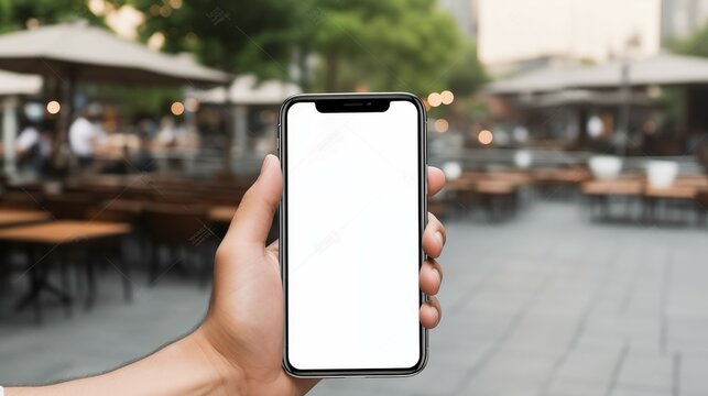 Mockup image of man's hand holding smartphone with white screen at outdoor seating space. Phone with empty white space in a cafe, bar setting.