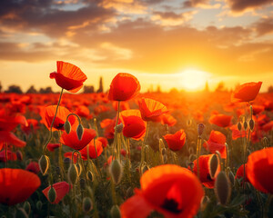 Nature background with red poppy flower on the field in the sunset
