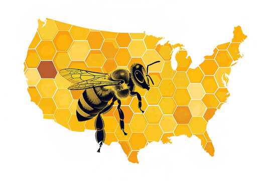 Illustration of honey bee and USA map made out of honeycomb. Isolated white background. AI generative image.