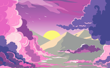 Fototapeta na wymiar Cartoon dawn sky with pink and blue fluffy clouds. Beautiful cloudy landscape at sunset.
