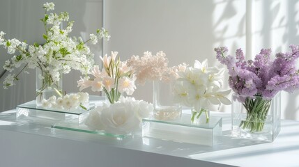 a group of vases filled with flowers on top of a white table with a mirror in the middle of the table behind them and a white wall in the background.