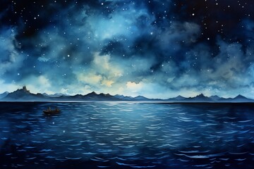 watercolor of sea at night 