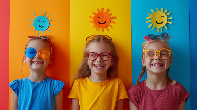 Three little girls wearing sunglasses and smiling with suns on their heads