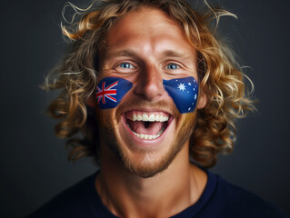 Euphoric National AUSTRALIA Team Fan with painted country flag colors face excited Roaring Supporting songs their favorite team straight at camera. Active sport fans movement and human emotion