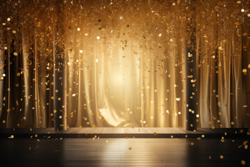 golden confetti shower cascading onto a festive stage, illuminated by a central light beam, mockup for events such as award ceremonies, jubilees, New Year's parties, or product presentations - obrazy, fototapety, plakaty