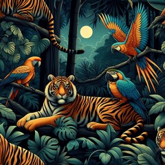 Tropical Wildlife Illustration with Tigers and Parrots