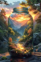 A beautiful forest landscape enclosed in a glass jar. Environmental protection symbol