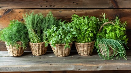 Fototapeta premium a row of baskets filled with different types of herbs on top of a wooden table in front of a wooden wall and a wooden wall behind the basket is a row of herbs.