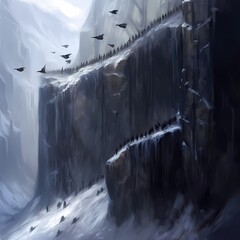 Majestic Fantasy Mountainside with Ominous Flock of Birds and Shrouded Pathway