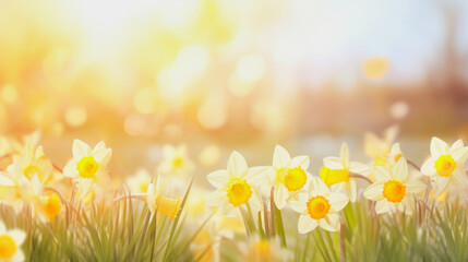 ai generative illustration of a soft yellow spring daffodils flower background and blurred background for copy space