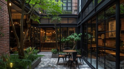Fototapeta premium a courtyard with a table and chairs and a potted tree in the center of the courtyard is surrounded by glass walls and a brick building with lots of windows.