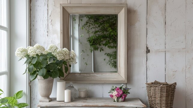  a mirror sitting on top of a wooden shelf next to a vase of flowers and a vase with a flower arrangement on top of a table next to a mirror.