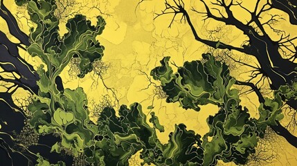  a painting of a yellow and black background with trees in the foreground and a yellow background with black branches on the right side of the image, and a yellow background.