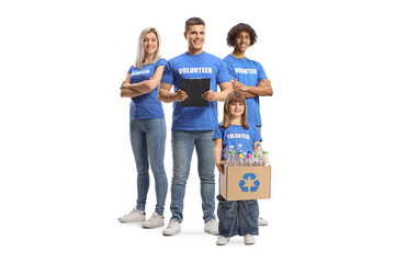 Group of adult volunteers in blue t-shirts and a child with a box of bottles for recycling