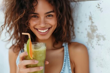A radiant young woman in stylish clothing beams with joy as she holds a glass of refreshing green juice against a vibrant indoor wall