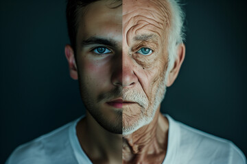 concept of aging, half face young, other half old