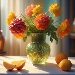 Still life with flowers and fruits in a vase.