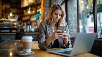 woman is looking at her smartphone with a laptop open in front of her and a cup of coffee on the table, sitting in a cafe environment