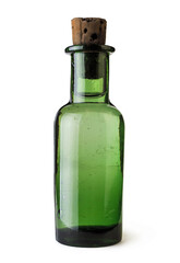 Old fashioned drug bottle for medicine, essential oil, poison, with a cork. Antique green bottle on white background.