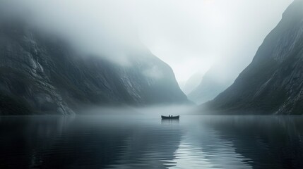  a boat floating on top of a body of water next to a mountain covered in fog and low lying clouds on a foggy day with a lone boat in the foreground. - obrazy, fototapety, plakaty