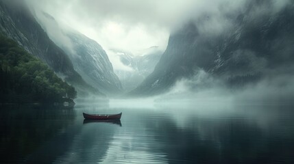  a red boat floating on top of a lake next to a lush green hillside covered in mist covered mountains under a cloudy sky with low hanging low hanging low hanging clouds.