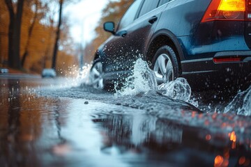 A sleek city car bravely splashes through a wet and snowy street, its tires kicking up water as its headlights illuminate the rainy night - obrazy, fototapety, plakaty