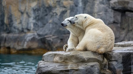  a polar bear sitting on top of a rock next to a body of water with a waterfall in the back ground and a large rock wall behind it and a body of water behind it.